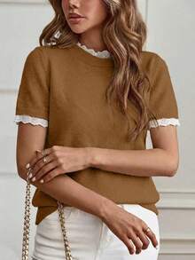 Louniche Spring/Summer Elegant Commute & Home Daily Wear Apricot Small Round Neck Lace Trim Patchwork Knit Pullover Short Sleeve Sweater - Brown - View 5