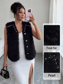 SHEIN Clasi Women's Rhinestone & Pearl Decorated Fluffy Faux Fur Sleeveless Vest, V-Neck Single-Breasted Waistcoat - Black - View 3