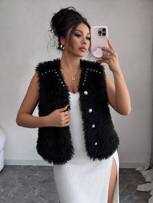 SHEIN Clasi Women's Rhinestone & Pearl Decorated Fluffy Faux Fur Sleeveless Vest, V-Neck Single-Breasted Waistcoat - Black - View 7
