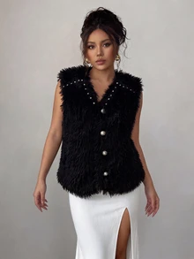 SHEIN Clasi Women's Rhinestone & Pearl Decorated Fluffy Faux Fur Sleeveless Vest, V-Neck Single-Breasted Waistcoat - Black - View 6