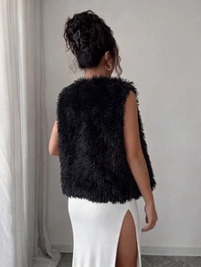 SHEIN Clasi Women's Rhinestone & Pearl Decorated Fluffy Faux Fur Sleeveless Vest, V-Neck Single-Breasted Waistcoat - Black - View 2