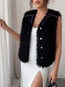 SHEIN Clasi Women's Rhinestone & Pearl Decorated Fluffy Faux Fur Sleeveless Vest, V-Neck Single-Breasted Waistcoat - Black - View 8