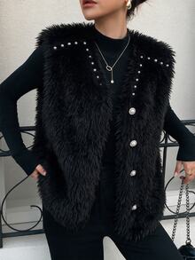 SHEIN Clasi Women's Rhinestone & Pearl Decorated Fluffy Faux Fur Sleeveless Vest, V-Neck Single-Breasted Waistcoat - Black - View 1