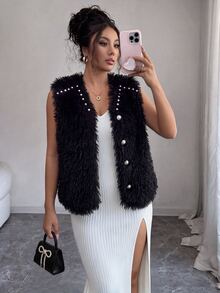 SHEIN Clasi Women's Rhinestone & Pearl Decorated Fluffy Faux Fur Sleeveless Vest, V-Neck Single-Breasted Waistcoat - Black - View 4
