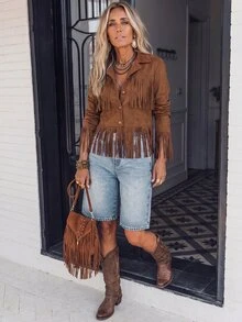 SHEIN LilyWest Women's Autumn/Winter New Tassel Daily Casual Jacket - Brown - View 9