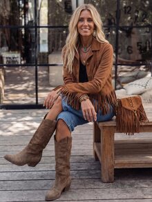 SHEIN LilyWest Women's Autumn/Winter New Tassel Daily Casual Jacket - Brown - View 7