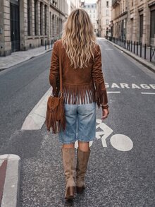 SHEIN LilyWest Women's Autumn/Winter New Tassel Daily Casual Jacket - Brown - View 2