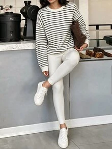 Flora Isola Flora Isola Standard Size Women's Autumn/Winter Striped Fabric Loose Top & Tight Bottom Matching Casual Daily Sports Set - Multicolor - View 2