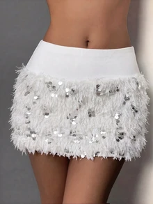 SHEIN Unity Women's Sequin Plush Patchwork Casual Sexy Versatile Daily Outing Party Clubbing Mini Skirt White Sequin Summer - White - View 9