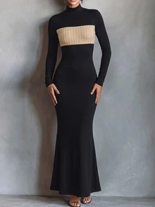 Selianne Đầm ôm bodycon nữ mùa thu màu đen phối mảng màu, dệt vặn thừng, cổ giả cao, tay dài, phong cách thanh lịch cho tiệc tối và cocktail - Nhiều màu - Xem 4