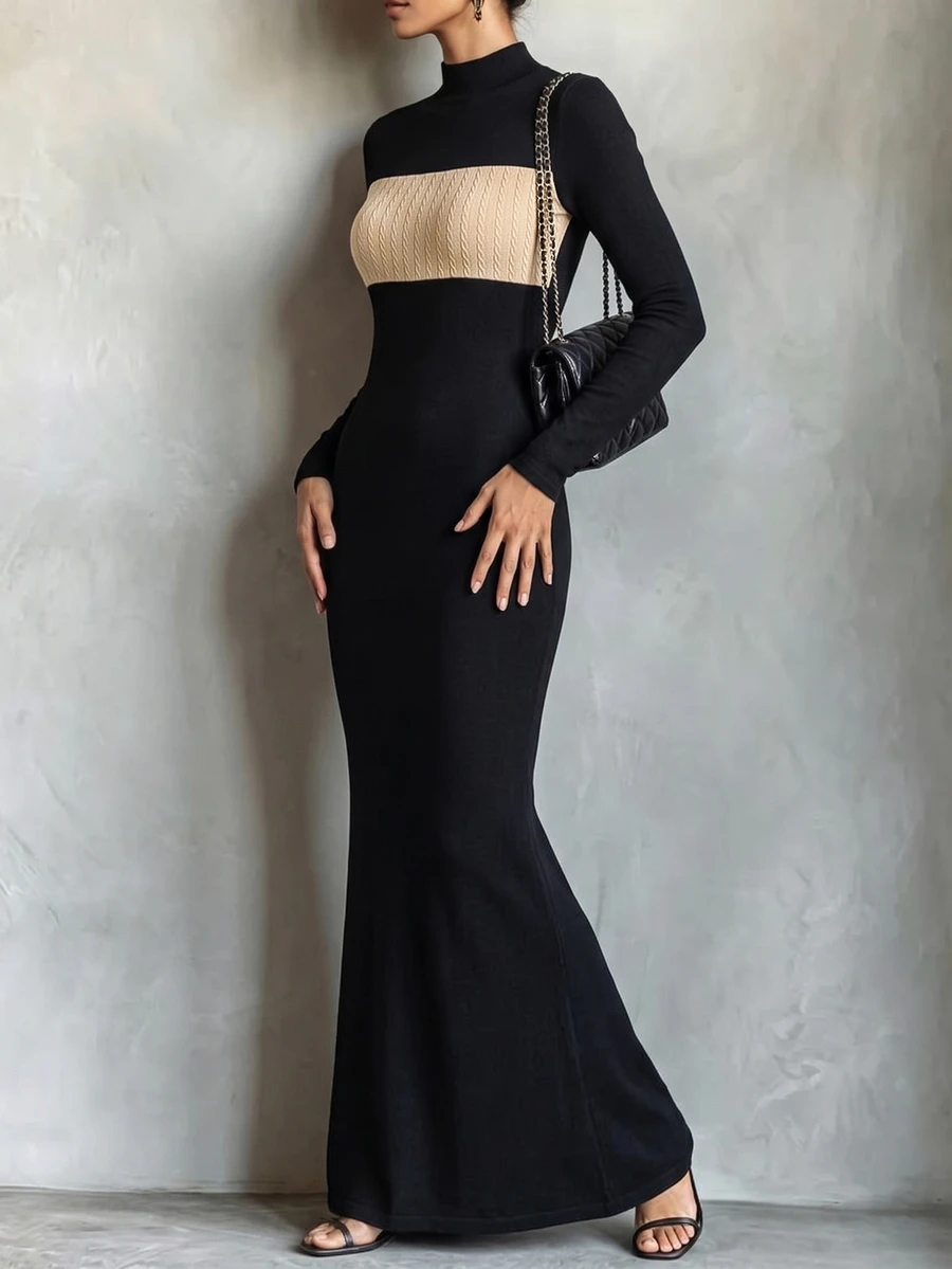 Selianne Đầm ôm bodycon nữ mùa thu màu đen phối mảng màu, dệt vặn thừng, cổ giả cao, tay dài, phong cách thanh lịch cho tiệc tối và cocktail - Nhiều màu - Xem 1