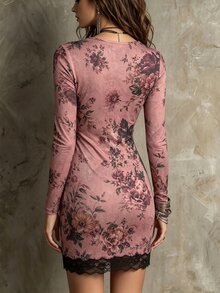 Glimmora Women's Floral Print Contrast Lace V-Neck Long Sleeve Fitted Fashion Mini Dress - Dark Brown - View 2
