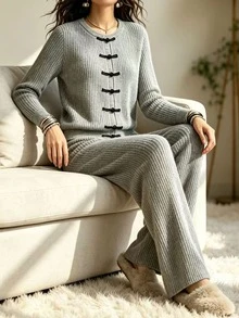 Franclia 女款純色長袖上衣與長褲休閒日常兩件套 - 灰色 - 查看 4