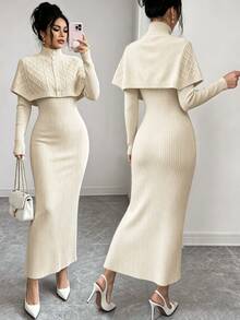 SHEIN LUNE Fall, Elegant Mature, Apricot Shawl Collar Ribbed Sweater Set, Daily Wear Party, Holiday Wear, Commute Wear, Home Wear, 2 Pieces Everyday Date - Apricot - View 4