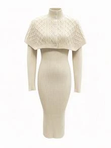 SHEIN LUNE Fall, Elegant Mature, Apricot Shawl Collar Ribbed Sweater Set, Daily Wear Party, Holiday Wear, Commute Wear, Home Wear, 2 Pieces Everyday Date - Apricot - View 5