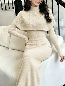 SHEIN LUNE Fall, Elegant Mature, Apricot Shawl Collar Ribbed Sweater Set, Daily Wear Party, Holiday Wear, Commute Wear, Home Wear, 2 Pieces Everyday Date - Apricot - View 3