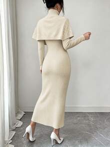 SHEIN LUNE Fall, Elegant Mature, Apricot Shawl Collar Ribbed Sweater Set, Daily Wear Party, Holiday Wear, Commute Wear, Home Wear, 2 Pieces Everyday Date - Apricot - View 2