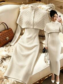 SHEIN LUNE Fall, Elegant Mature, Apricot Shawl Collar Ribbed Sweater Set, Daily Wear Party, Holiday Wear, Commute Wear, Home Wear, 2 Pieces Everyday Date - Apricot - View 1