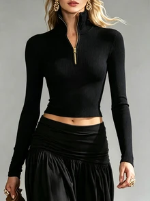 SHEIN 女款純色立領修身百搭日常穿著長袖針織衫 夜出黑色秋季極簡休閒 - 黑色 - 查看 6