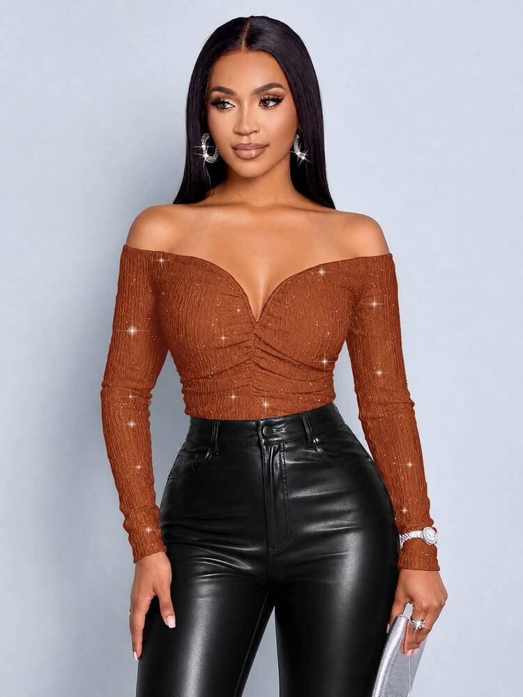 SOLERSUN Off Shoulder Ruched Crop Tee For Women, Textured Long Sleeve Slim Fit Sweetheart Neck T-Shirt - Rust Brown - View 7