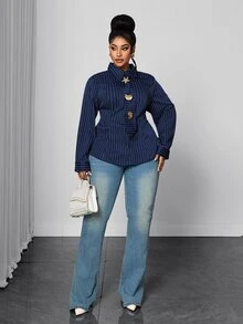 Maweii Plus Size Navy Blue Vertical Striped Cinched Waist Long Sleeve Collared Blouse With Matching Tie And Metal Asymmetric Buckle, Slimming Commuter Top - Navy Blue - View 5