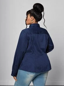 Maweii Plus Size Navy Blue Vertical Striped Cinched Waist Long Sleeve Collared Blouse With Matching Tie And Metal Asymmetric Buckle, Slimming Commuter Top - Navy Blue - View 4