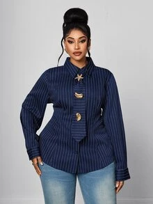 Maweii Plus Size Navy Blue Vertical Striped Cinched Waist Long Sleeve Collared Blouse With Matching Tie And Metal Asymmetric Buckle, Slimming Commuter Top - Navy Blue - View 3