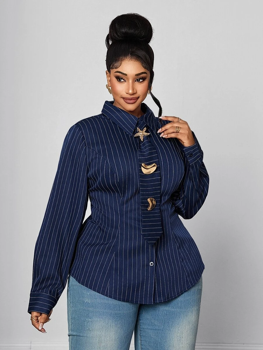Maweii Plus Size Navy Blue Vertical Striped Cinched Waist Long Sleeve Collared Blouse With Matching Tie And Metal Asymmetric Buckle, Slimming Commuter Top - Navy Blue - View 1
