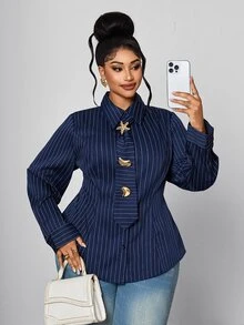 Maweii Plus Size Navy Blue Vertical Striped Cinched Waist Long Sleeve Collared Blouse With Matching Tie And Metal Asymmetric Buckle, Slimming Commuter Top - Navy Blue - View 2