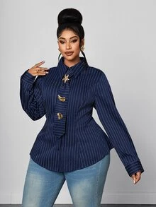 Maweii Plus Size Navy Blue Vertical Striped Cinched Waist Long Sleeve Collared Blouse With Matching Tie And Metal Asymmetric Buckle, Slimming Commuter Top - Navy Blue - View 6