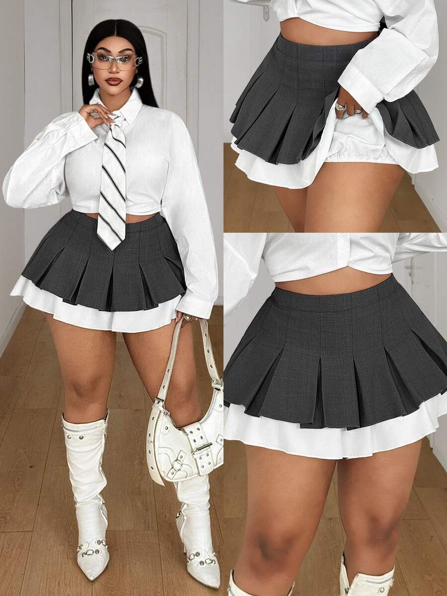 Maweii Spring Autumn Winter Pleated Colorblock Patchwork Elegant Minimalist Casual Commute Fashion Niche Design New Essential Elegant Exquisite Daily Wear Office Workplace Outfit Grey Plus Size Short Skirt - Grey - View 1
