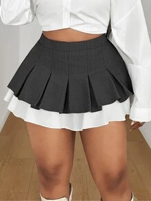 Maweii Spring Autumn Winter Pleated Colorblock Patchwork Elegant Minimalist Casual Commute Fashion Niche Design New Essential Elegant Exquisite Daily Wear Office Workplace Outfit Grey Plus Size Short Skirt - Grey - View 5