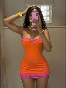 Fiercella Fiercella 女款焦橙色細肩帶收腰迷你洋裝，花卉飾邊，Afro時尚，適合夏季海灘、夜晚外出、度假、夜店，性感 - 黃色 - 查看 1