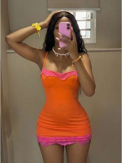 Fiercella Fiercella Women's Burnt Orange Spaghetti Strap Waist Cinched Mini Dress,Floral Trim,Afro Fashion,Summer Beach Night Out Going Out Vacation,Club,Sexy