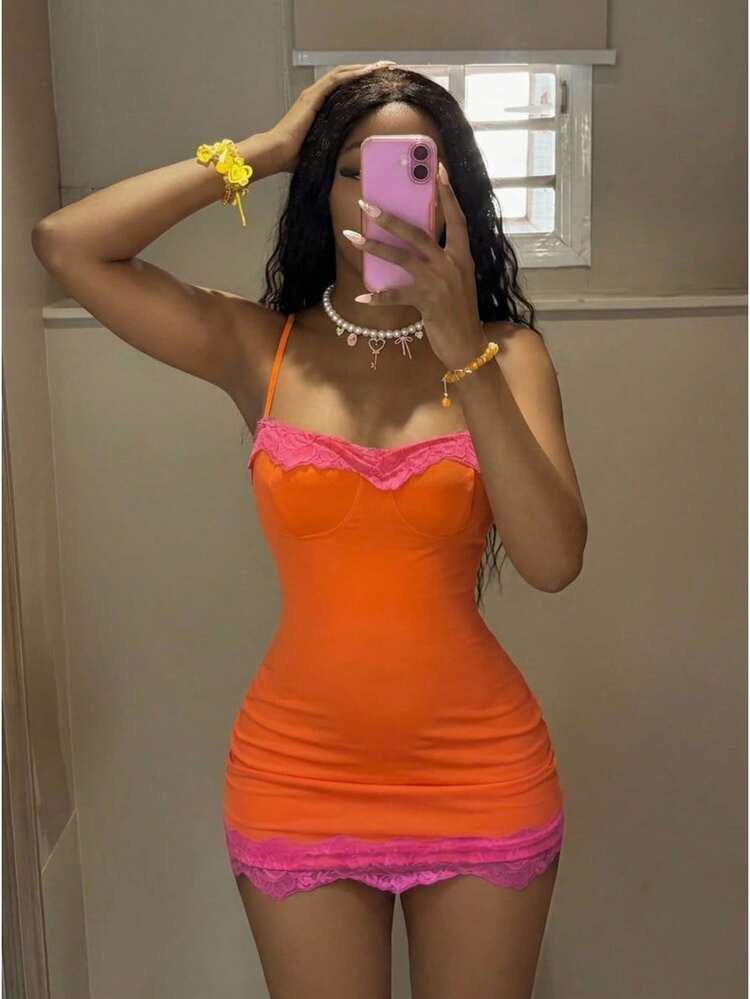 Fiercella Fiercella 女款焦橙色細肩帶收腰迷你洋裝，花卉飾邊，Afro時尚，適合夏季海灘、夜晚外出、度假、夜店，性感 - 黃色 - 查看 1