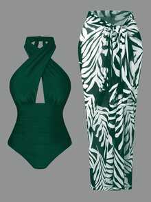 SHEIN Swim 1 件女式绿色露背系带前连体泳衣，清爽夏日海滩、泳池、休闲派对和节日装，春夏季 - 綠色 - 查看 8