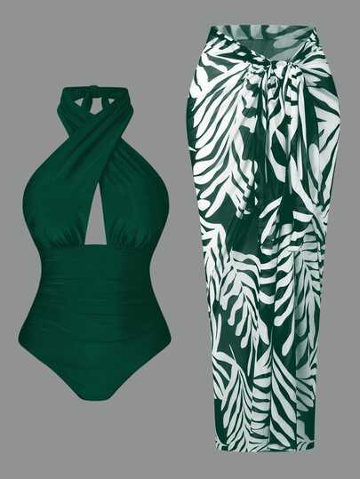 SHEIN Swim 1pc Women's Green Color Halter Neck Tie Front One-Piece Swimsuit, Refreshing Summer Beach, Pool, Casual Party & Holiday Wear, Spring/Summer