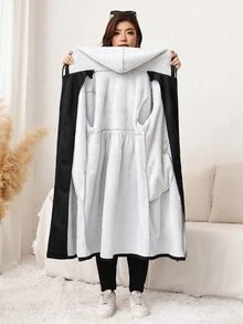 SHEIN LUNE 大尺碼女款休閒連帽外套，大口袋設計，長袖，秋冬日常穿著 - 黑色 - 查看 8
