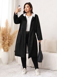 SHEIN LUNE 大尺碼女款休閒連帽外套，大口袋設計，長袖，秋冬日常穿著 - 黑色 - 查看 4