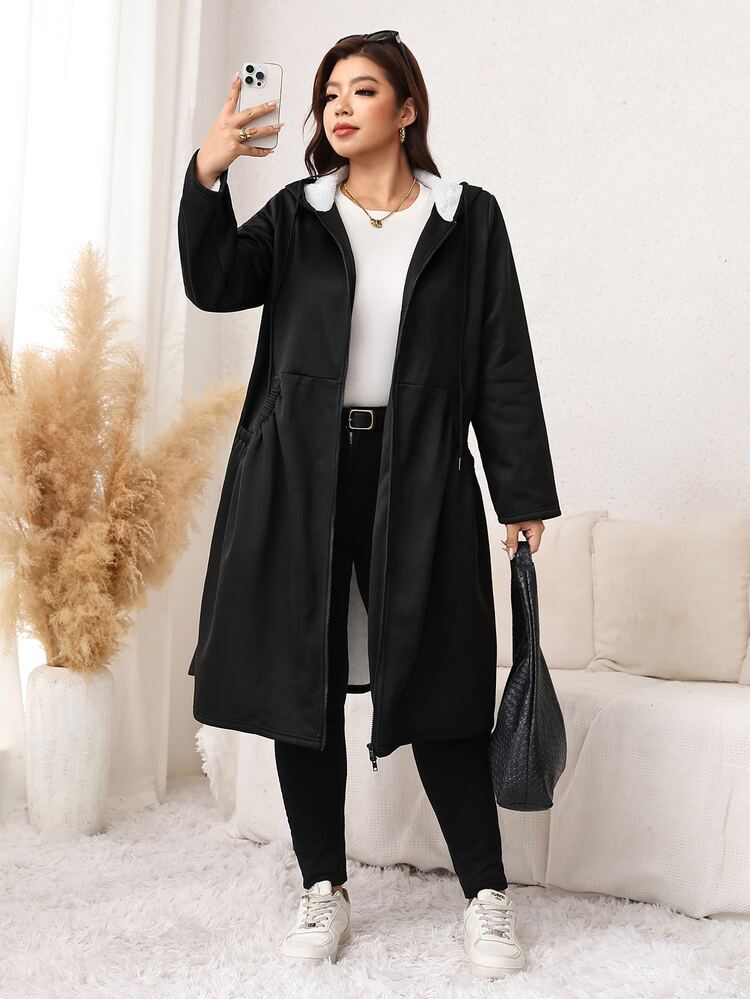 SHEIN LUNE Plus Size Women's Casual Hooded Jacket With Large Pockets, Long Sleeve, Autumn/Winter Daily Wear - Black - View 4