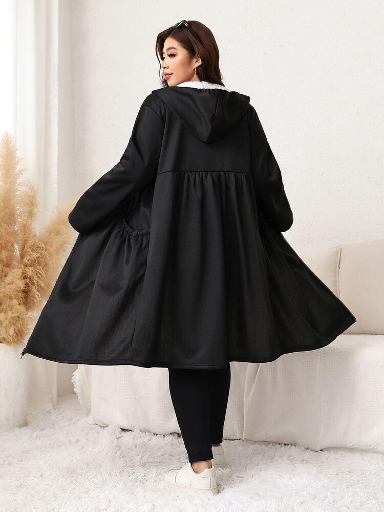 SHEIN LUNE Plus Size Women's Casual Hooded Jacket With Large Pockets, Long Sleeve, Autumn/Winter Daily Wear - Black - View 2