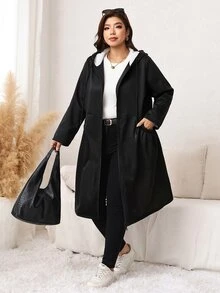 SHEIN LUNE 大尺碼女款休閒連帽外套，大口袋設計，長袖，秋冬日常穿著 - 黑色 - 查看 3