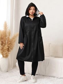 SHEIN LUNE 大尺碼女款休閒連帽外套，大口袋設計，長袖，秋冬日常穿著 - 黑色 - 查看 5