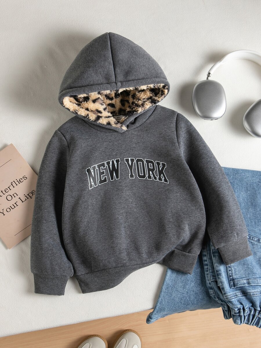SHEIN 女童時尚英文標語豹紋抓絨連帽長袖運動衫,適合秋冬日常穿著、運動、跑步,7歲生日禮物 - 彩色 - 查看 1