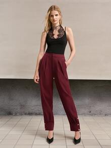 MOTF PREMIUM WOMEN'S SOLID COLOR PLEATED POCKET FASHION SUIT PANTS - Burgundy - View 2