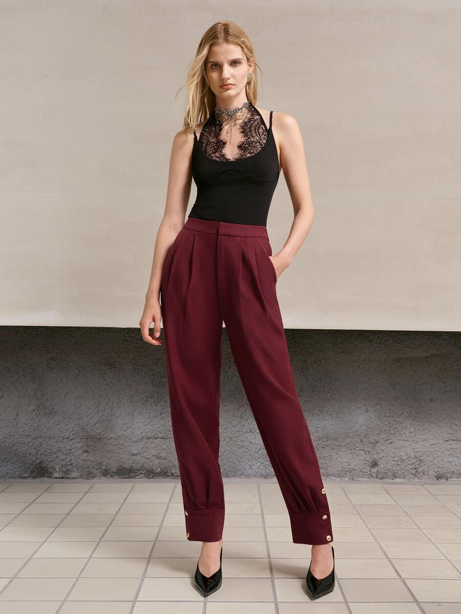 MOTF PREMIUM WOMEN'S SOLID COLOR PLEATED POCKET FASHION SUIT PANTS - Burgundy - View 2