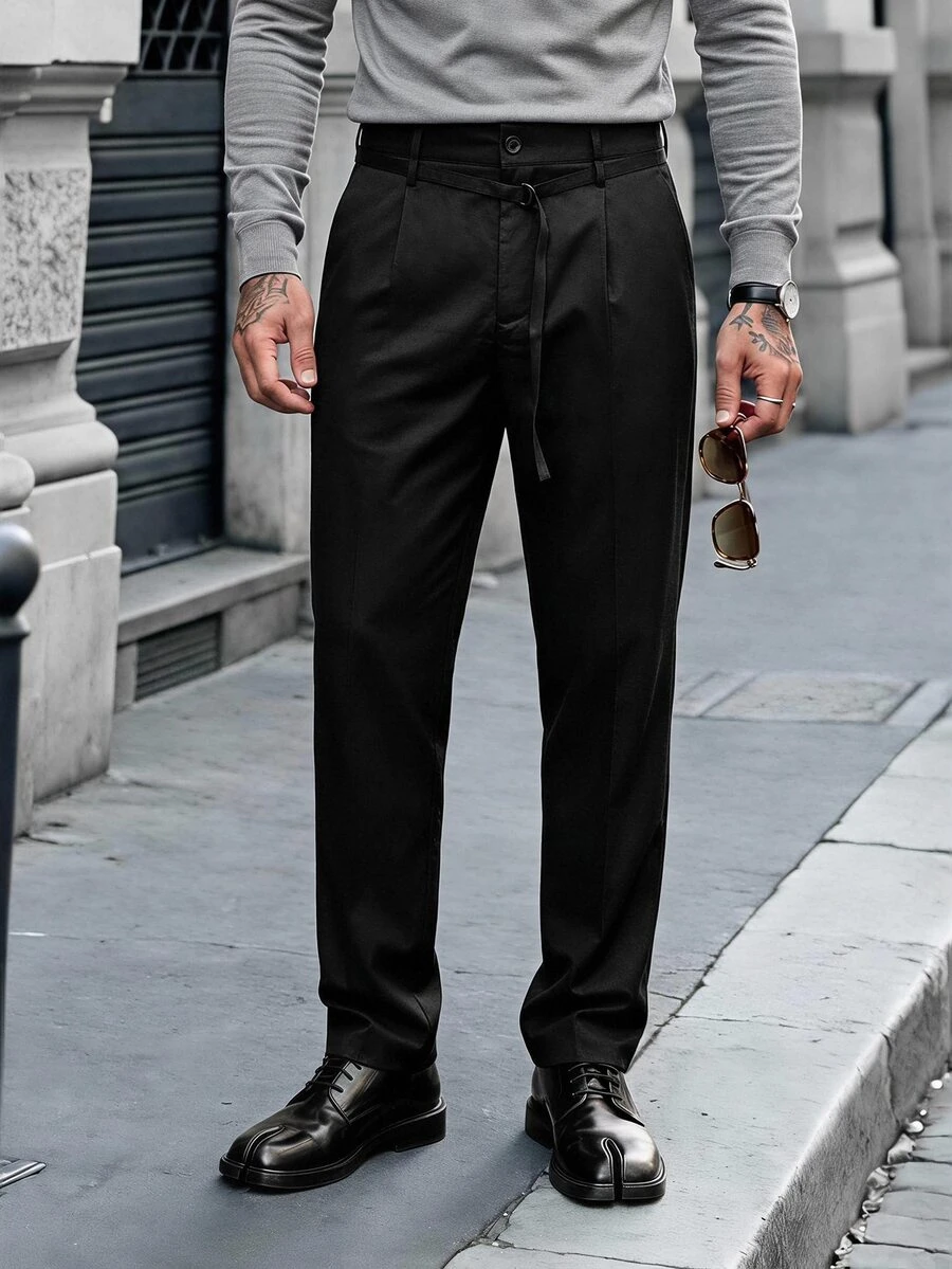 Manfinity CasualCool 男士休閒商務西裝褲,彈性腰頭,百褶寬鬆寬腿長褲 - 黑色 - 查看 1