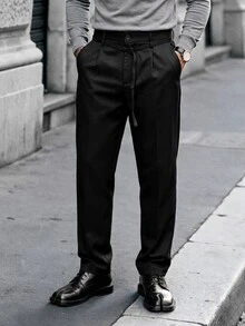 Manfinity CasualCool 男士休閒商務西裝褲，彈性腰頭，百褶寬鬆寬腿長褲 - 黑色 - 查看 6