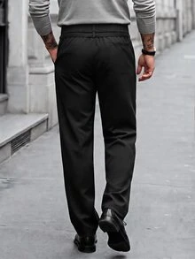Manfinity CasualCool 男士休閒商務西裝褲，彈性腰頭，百褶寬鬆寬腿長褲 - 黑色 - 查看 2