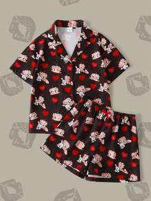 Betty Boop x SHEIN 女款愛心印花短袖上衣與短褲睡衣套裝 - 黑色 - 查看 3